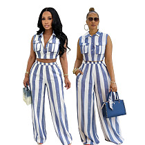 Striped Vest Collarless Shirt High Wisted Wide Leg Pants Set SFY-TW887 Striped Vest Collarless Shirt High Wisted Wide Leg Pants Set SFY-TW887