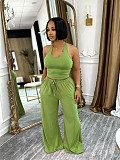 Summer Plain Casual Street Halter High Waist Pocket Wide Leg Pants Set SFY-TW839