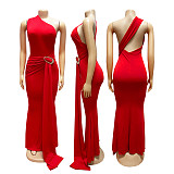 Solid Women Single Shoulder Sleeve Slip Dress Wrap Hip Maxi Evening Dress SFY-TW834