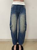 2026 Fashion Patchwork Ribbed Elastic Waistband Loose Straight-Leg Washed Denim Jeans LSD-2549