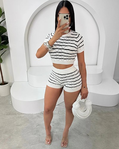 Casual Girls Short Sleeves Crop Top And Shorts Sweater Suits XT-8307