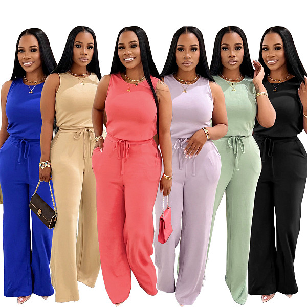 Sleeveless Waist Belted Solid Casual One-piece Summer Jumpsuit SFY-TW728