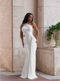 Solid Women Single Shoulder Sleeve Slip Dress Wrap Hip Maxi Evening Dress SFY-TW834