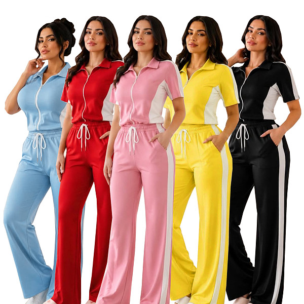 Loose Lapel Short Sleeve Striped Sportswear Two-piece Set SFY-TW891