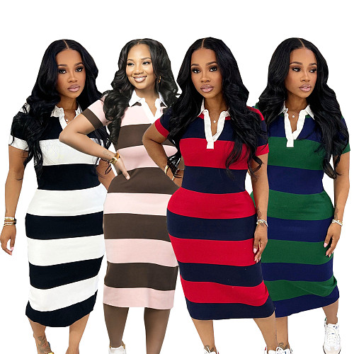 Fashionable Polo Collar Color Block Slim Fit Midi Dress SFY-TW873