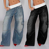 2026 Fashion Patchwork Ribbed Elastic Waistband Loose Straight-Leg Washed Denim Jeans LSD-2549