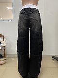 2026 Fashion Patchwork Ribbed Elastic Waistband Loose Straight-Leg Washed Denim Jeans LSD-2549