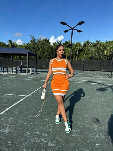 Casual Knitted Sleeveless Vest Mini Wrap Hip Skirt Set TR-1369