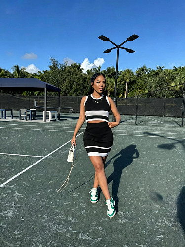 Casual Knitted Sleeveless Vest Mini Wrap Hip Skirt Set TR-1369