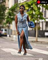 Casual Lapel Sleeveless Vest Denim Maxi Dress TR-1368