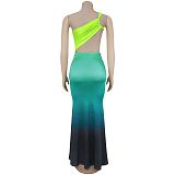 Summer Gradient Sleeved Floor Length Halter Chiffon Dress Fish Tail BY-C7473