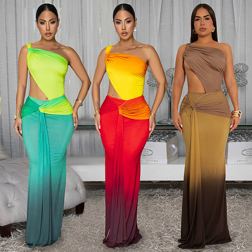 Summer Gradient Sleeved Floor Length Halter Chiffon Dress Fish Tail BY-C7473
