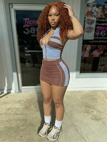 Sleeveless Halter Zipper Top Mini two-piece Skirt Set For Women CH-26023