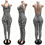 Tiger Zebra Printed Hip Pleated Drawstring Backless Slim One-piece Jumpsuit CYA-60525