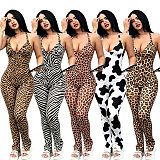 Tiger Zebra Printed Hip Pleated Drawstring Backless Slim One-piece Jumpsuit CYA-60525