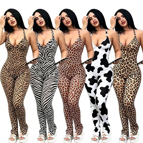 Tiger Zebra Printed Hip Pleated Drawstring Backless Slim One-piece Jumpsuit CYA-60525