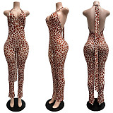 Tiger Zebra Printed Hip Pleated Drawstring Backless Slim One-piece Jumpsuit CYA-60525