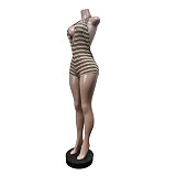 Halter Striped One-piece Shorts Deep V Cut Slim Elastic Romper MEM-88703