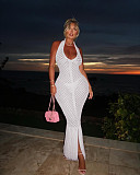 Pink New Women's Casual Knitted Backless Halter Tassel Beach Dress TR-1324