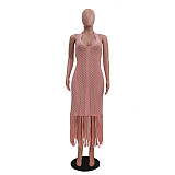 Pink New Women's Casual Knitted Backless Halter Tassel Beach Dress TR-1324
