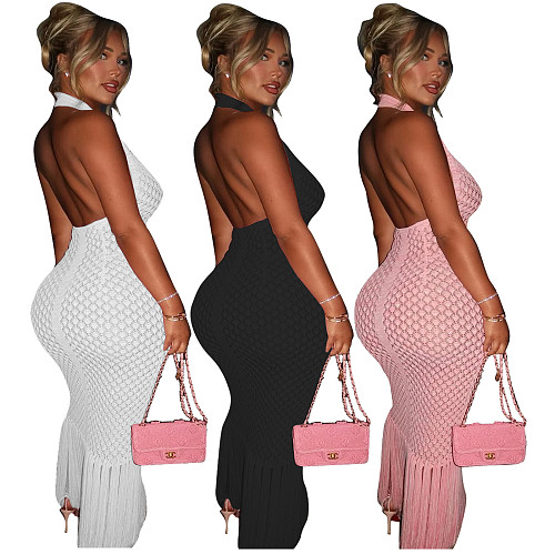 Pink New Women's Casual Knitted Backless Halter Tassel Beach Dress TR-1324
