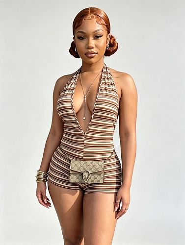 Halter Striped One-piece Shorts Deep V Cut Slim Elastic Romper MEM-88703