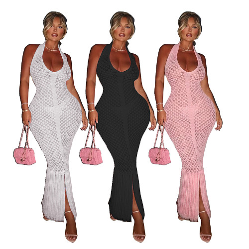 Pink New Women's Casual Knitted Backless Halter Tassel Beach Dress TR-1324