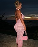Pink New Women's Casual Knitted Backless Halter Tassel Beach Dress TR-1324