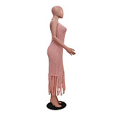 Pink New Women's Casual Knitted Backless Halter Tassel Beach Dress TR-1324