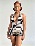 Halter Striped One-piece Shorts Deep V Cut Slim Elastic Romper MEM-88703