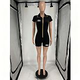 Zipper Short Sleeve High Elastic Sporty Casual Wear Romper FOS-8861