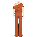 Fashionable Off-Shoulder Asymmetrical Top with Gathered Wide-Leg Pants Set ASL-6818