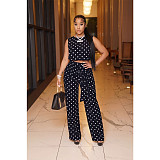 Women's Fashionable Polka Dot Print Sleeveless Strap Straight-leg Pants Set ASL-6823