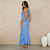 Fashion Women's Summer Elegant Jacquard Oblique Shoulder Bodycon Formal Dress BY-7747
