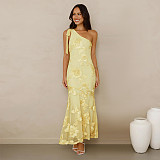 Fashion Women's Summer Elegant Jacquard Oblique Shoulder Bodycon Formal Dress BY-7747