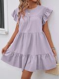 Round Neck Bubble Sleeve Solid Dress With Ruffled Hem RS-202606