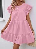 Round Neck Bubble Sleeve Solid Dress With Ruffled Hem RS-202606