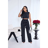 Women's Fashionable Polka Dot Print Sleeveless Strap Straight-leg Pants Set ASL-6823