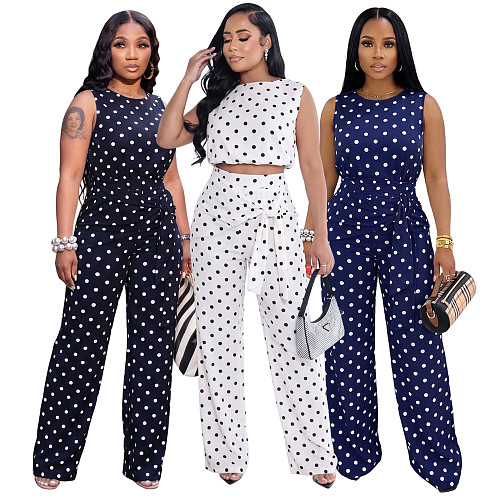 Women's Fashionable Polka Dot Print Sleeveless Strap Straight-leg Pants Set ASL-6823