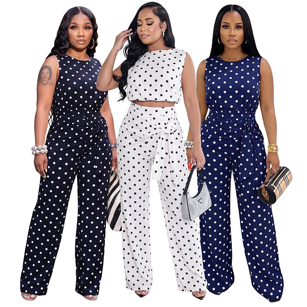 Women's Fashionable Polka Dot Print Sleeveless Strap Straight-leg Pants Set ASL-6823