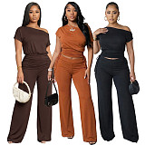 Fashionable Off-Shoulder Asymmetrical Top with Gathered Wide-Leg Pants Set ASL-6818