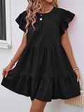 Round Neck Bubble Sleeve Solid Dress With Ruffled Hem RS-202606