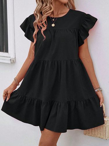Round Neck Bubble Sleeve Solid Dress With Ruffled Hem RS-202606