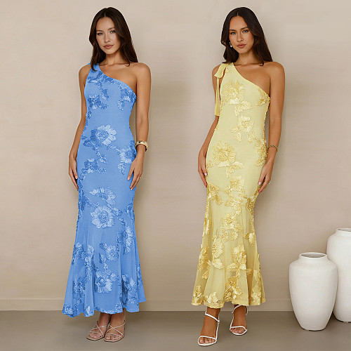 Fashion Women's Summer Elegant Jacquard Oblique Shoulder Bodycon Formal Dress BY-7747