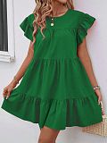 Round Neck Bubble Sleeve Solid Dress With Ruffled Hem RS-202606