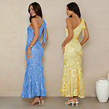 Fashion Women's Summer Elegant Jacquard Oblique Shoulder Bodycon Formal Dress BY-7747