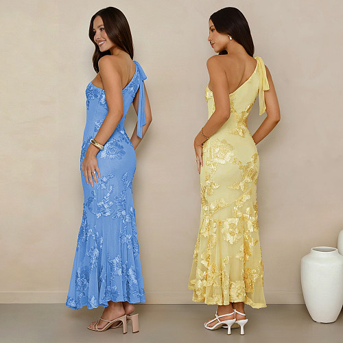 Fashion Women's Summer Elegant Jacquard Oblique Shoulder Bodycon Formal Dress BY-7747