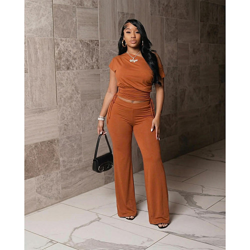 Fashionable Off-Shoulder Asymmetrical Top with Gathered Wide-Leg Pants Set ASL-6818