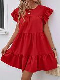 Round Neck Bubble Sleeve Solid Dress With Ruffled Hem RS-202606