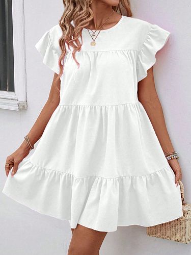 Round Neck Bubble Sleeve Solid Dress With Ruffled Hem RS-202606